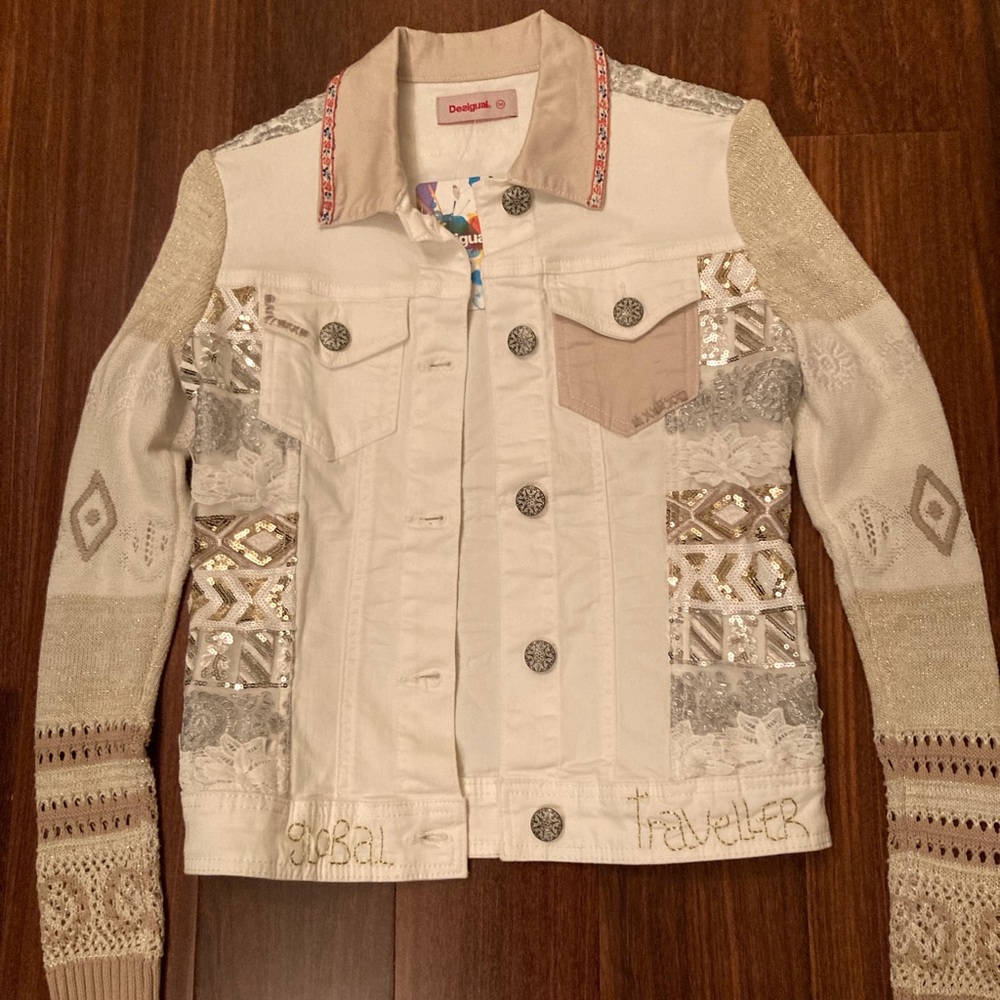 NWT Desigual Denim Jean Jacket, white/gold/silver, size 0